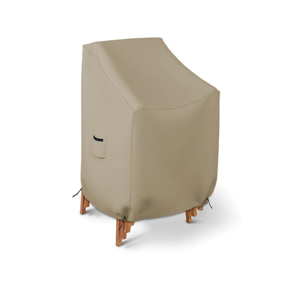Stackable Chair Cover 12 Oz Waterproof - 100% Weather Resistant PVC Coated Patio Furniture Cover with Air Pockets & Drawstring for Snug Fit (24W x 32D x 34H x 15 FH, Beige)