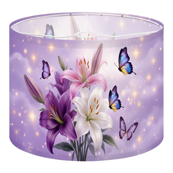 Linen Drum Lampshades Vibrant Lilies Butterflies Soft Purple 13"x13"x10" Light Shade for Table Lamps Floor Lamp Shades Lampshade Replacement Assembly Required