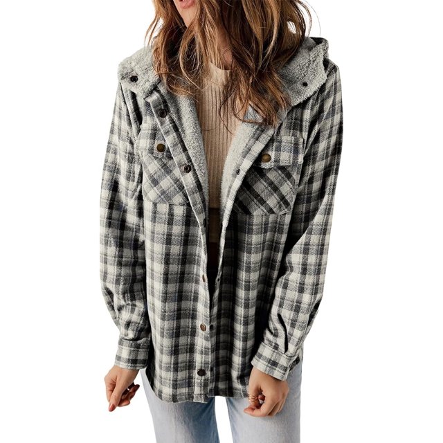 Womens Plaid Shacket Jacket Long Sleeve Button Down Fleece Hooded Jackets Warm Coat