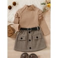 thumbnail image 2 of hirigin Toddler Girl Autumn Clothes Set, Ruffled Long Sleeve High Neck Solid Ribbed Pullover + Plaid Print Skirt with Belt, 2 of 9