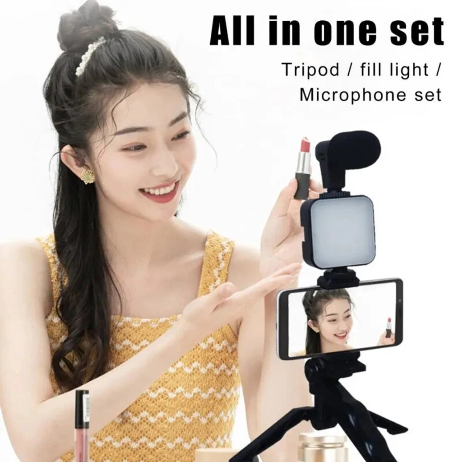 LNJLAN Smartphone Vlogging Kit With Tripod Phone Holder Mini Microphone  Fill Light Starter  TikTok Live Stream Video YouTube