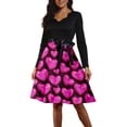 thumbnail image 2 of 2026 Valentine Dress for Women Retro Long Sleeve V-Neck Cocktail Dresses with Belt 3D Love Heart Print A-Line Dress Hot Pink 5XL, 2 of 6