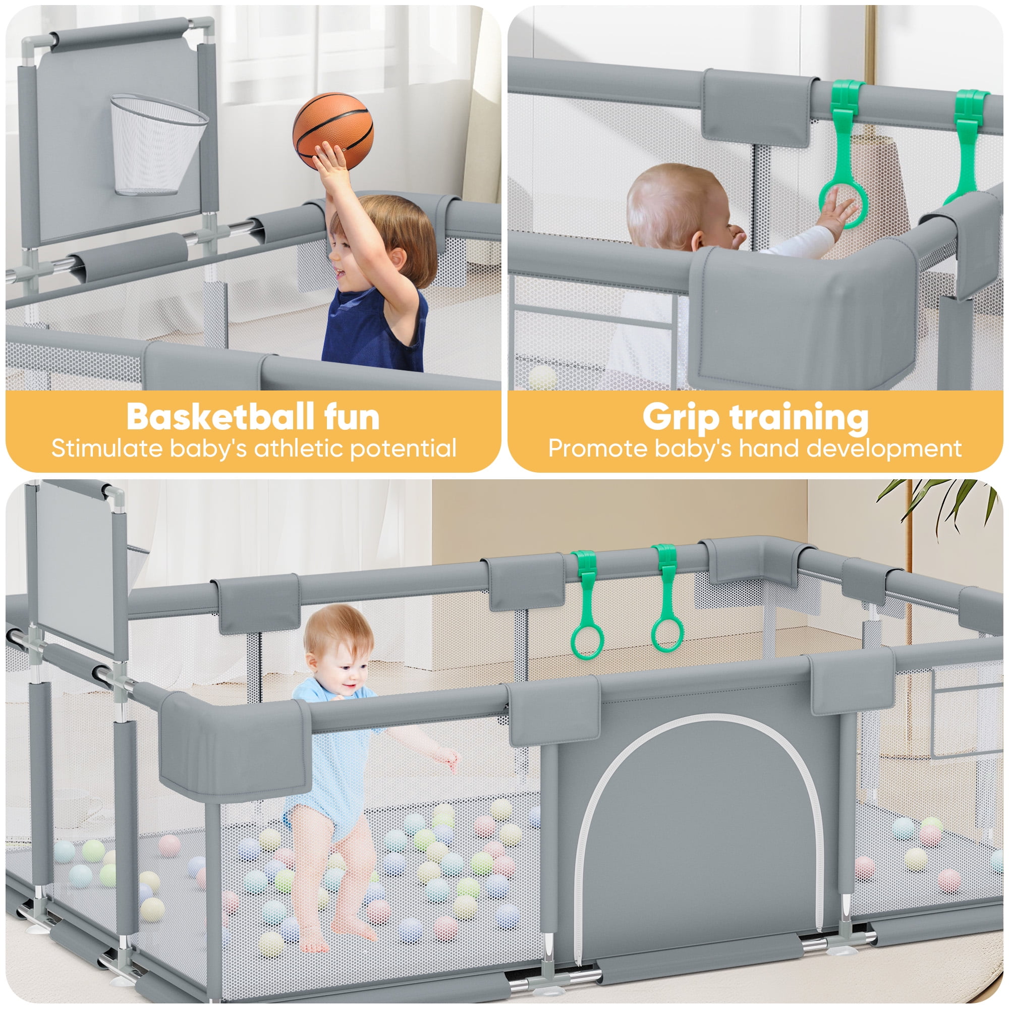 babyeap Baby Playpen,73 Inch Extra Large Baby Playard,Playpen for Babies and Toddlers With Basketball Hoop,Children Kids Play Fence for Indoors Outdoors,Gray