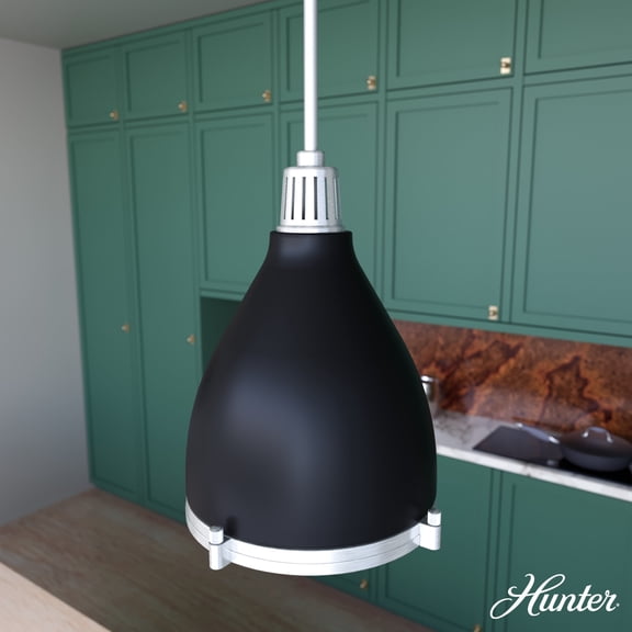 Hunter - Bluff View 1-light Matte Black, Medium Size Pendant Light, Dimmable, Casual Style, Bell Shaped, for Bedrooms, Dining, Living Rooms - 19218