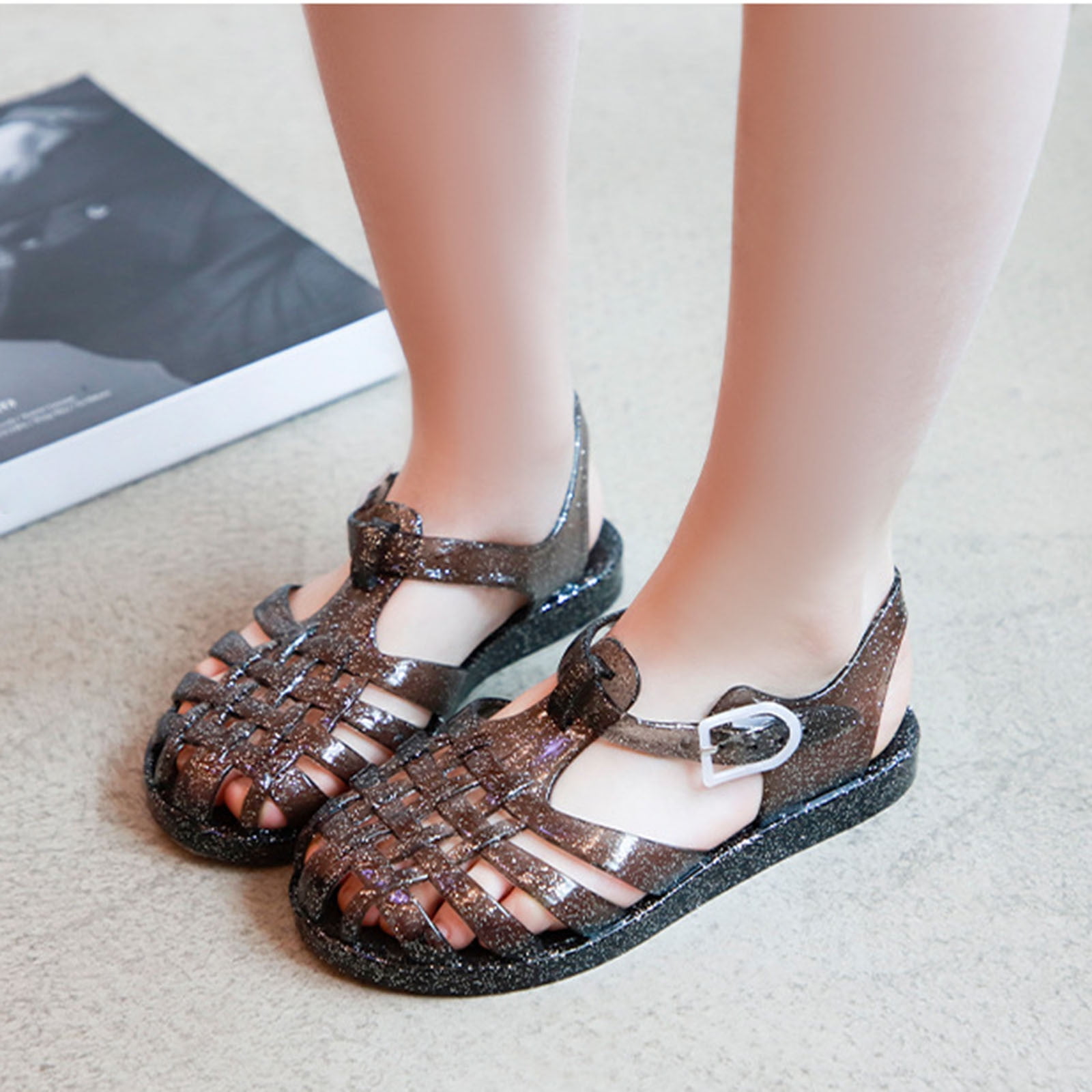 Virmaxy Toddler Baby Girls Sandals New Closed Toe Jelly Sandals Hollow Out Anti Skid Soft Sole Buckle Sandals Comfort Premium Summer Outdoor Casual Beach Sandals Black-B 8