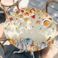 thumbnail image 2 of Orange Grey Fall Round Tablecloth, Fitted Table Cover with Elastic for 55"-60" Round Tables, Thanksgiving Maple Leaf Pumpkins Table Cloth Outdoor Indoor Dinning Party Waterproof Tablecloths, 2 of 7