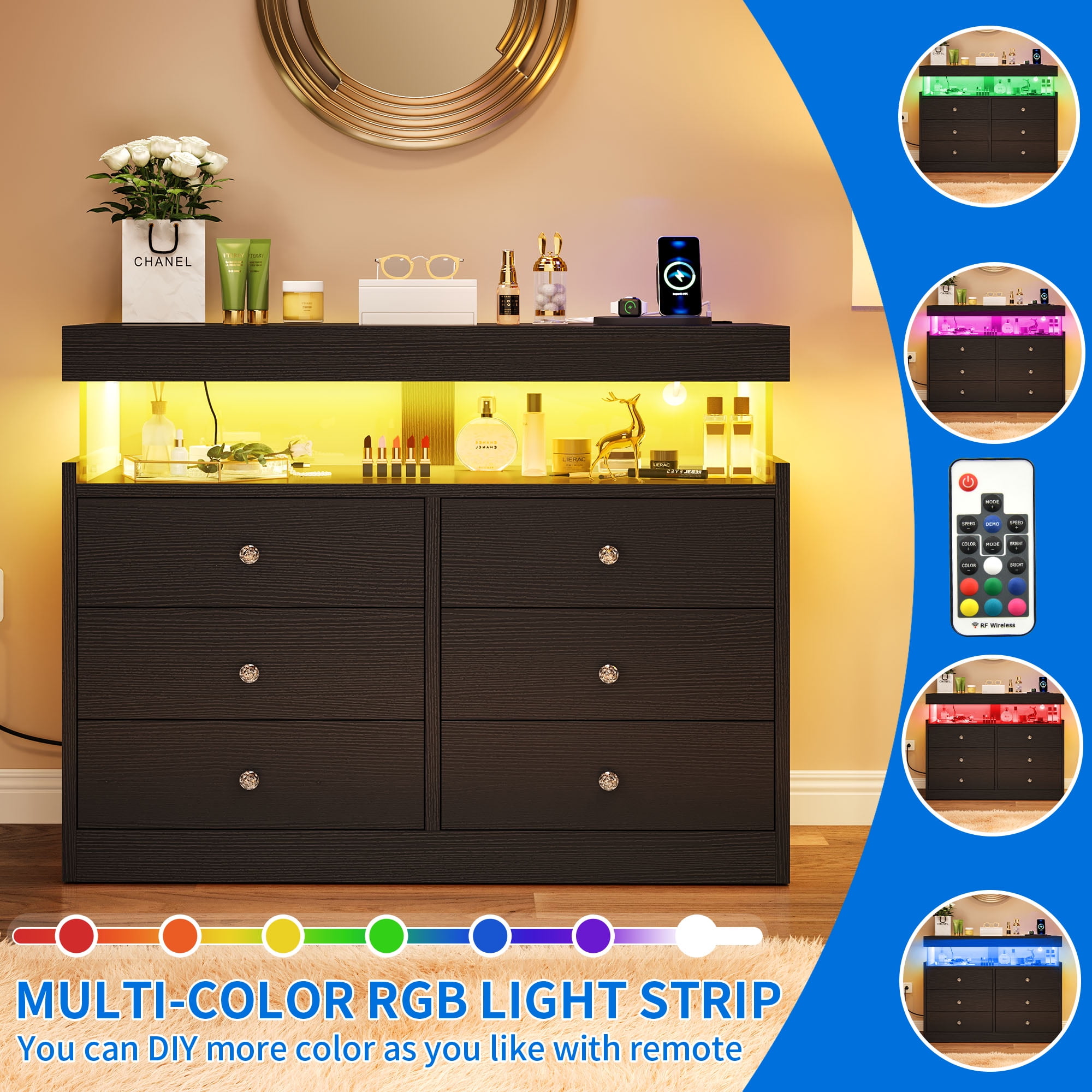 Dextrus Black Dresser with LED Light, 6 Drawers Dresser with Charging Station, Modern Chest of Drawers for , Living Room, Entryway, Hallway