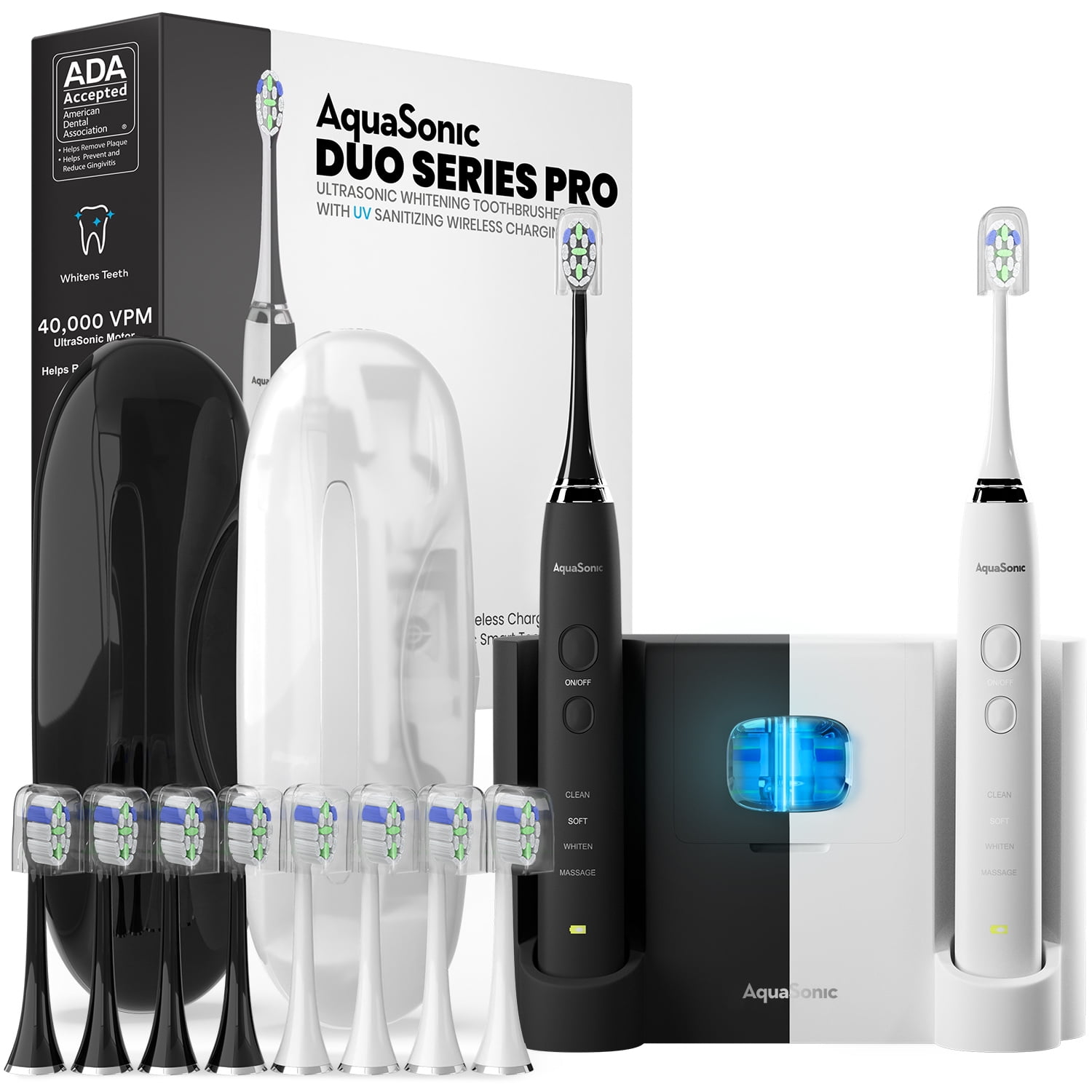 AquaSonic DUO PRO w/ 2 Electric Toothbrushes, 10 ProFlex Brush Heads