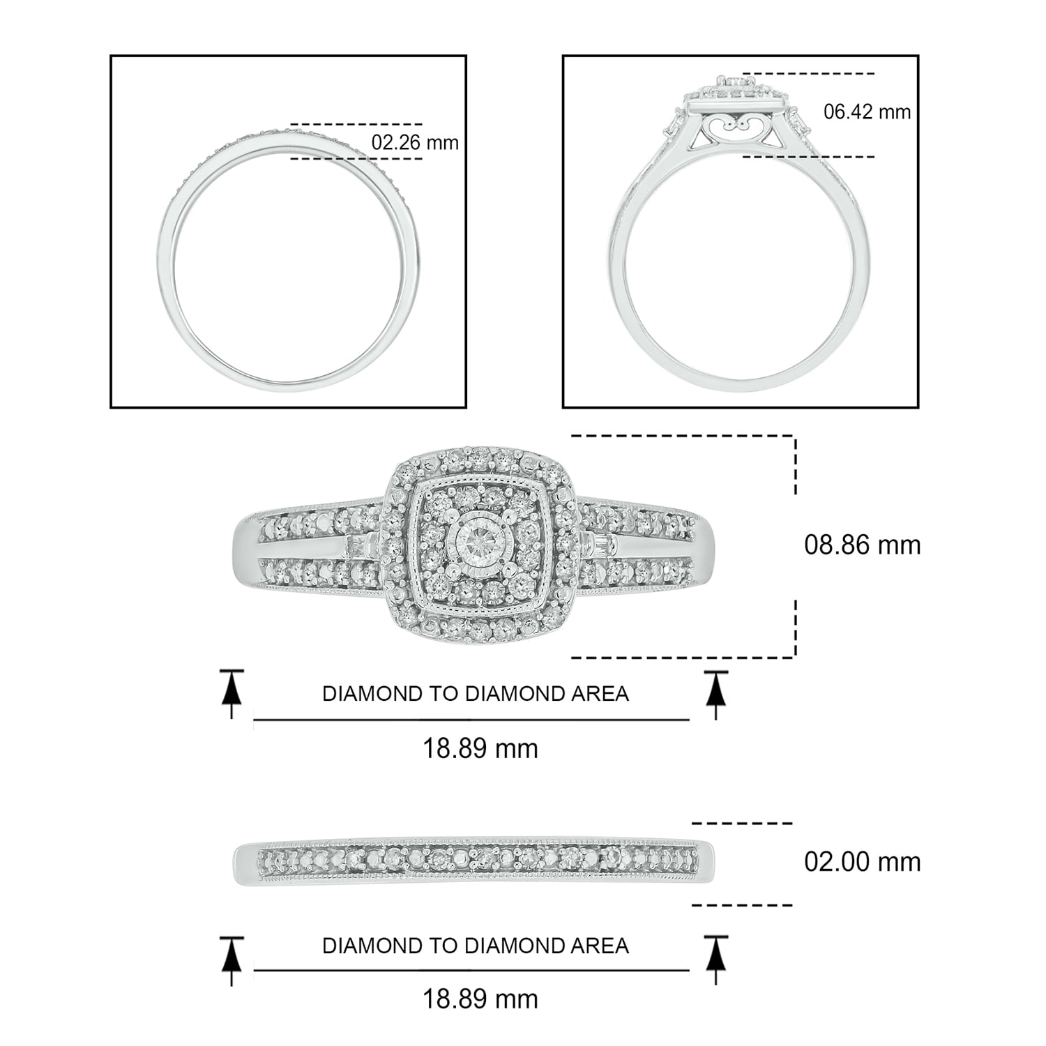 1/3cttw Diamond Square Halo Engagement Ring with Matching Diamond Wedding Band for Women in 925 Sterling Silver, Women's Silver Square Wedding Ring Set with Halo and Diamond Accented Bands