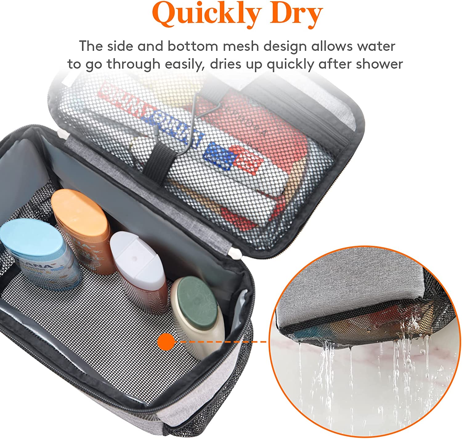 RGHJAR-Shower Bag Mesh Shower Caddy Portable College Dorm Room Essentials Tote Bag for Bathroom, Gym, Travel, Camping Quick Dry Hanging Shower Organizer Basket Toiletry Bag, Large, Grey