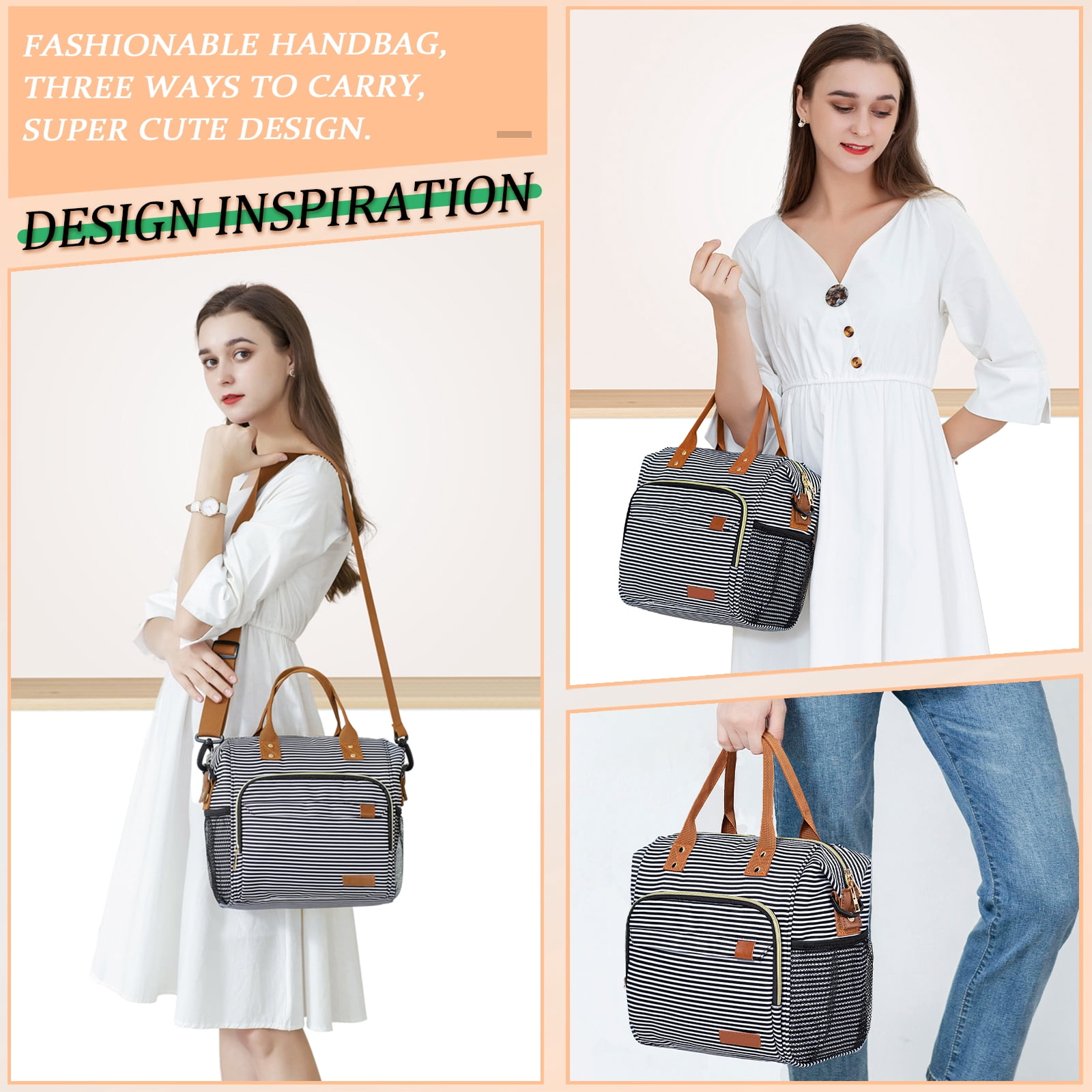 Insulated Lunch Bags for Women Men, Adult Lunch Box for Female Teacher Nurse Mom, Fashion Ladies Lunch Tote Bag for Work, Stripes