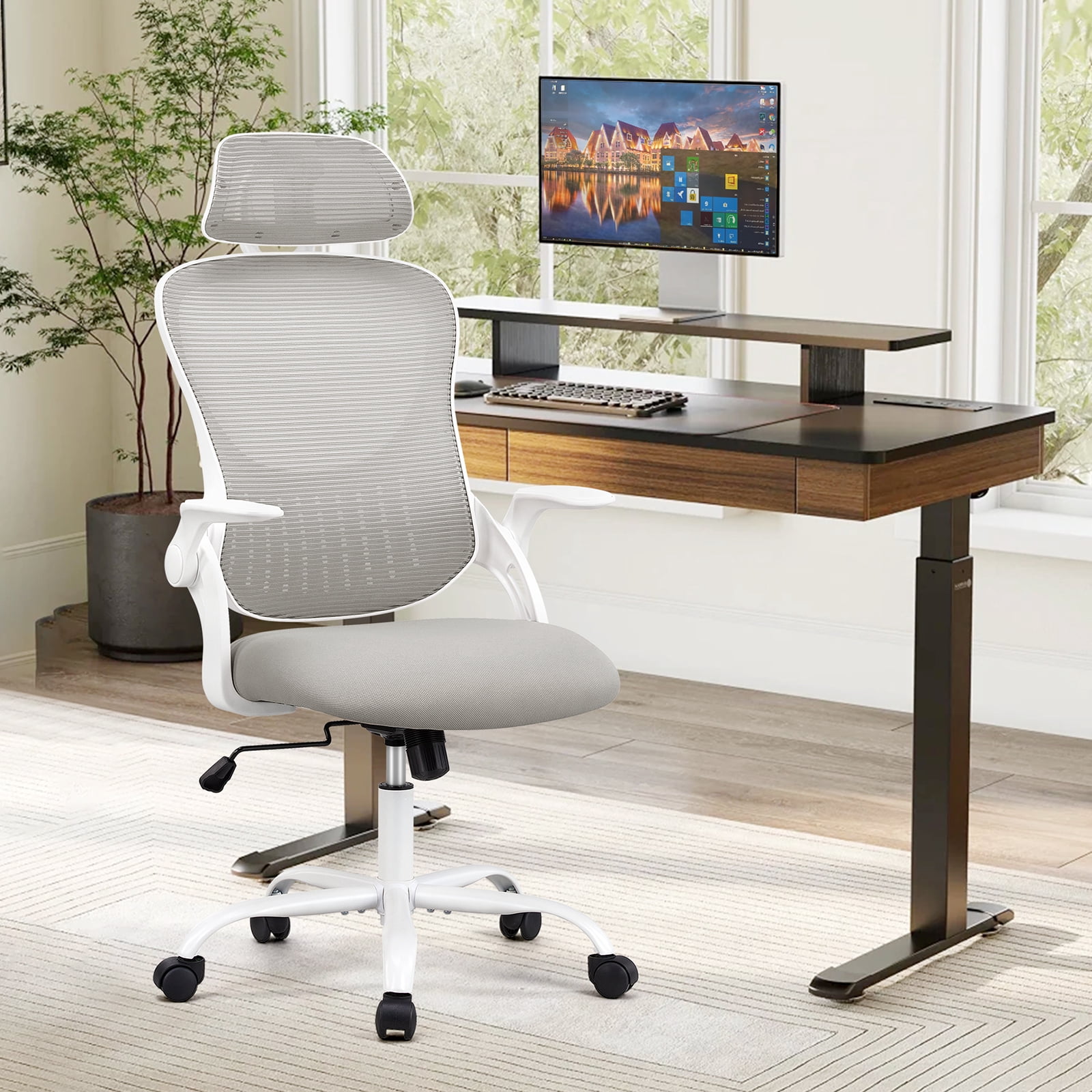 CONCETTA Office Computer Desk Chair, Ergonomic High-Back Mesh Chairs with Wheels and Adjustable Headrests, Gray