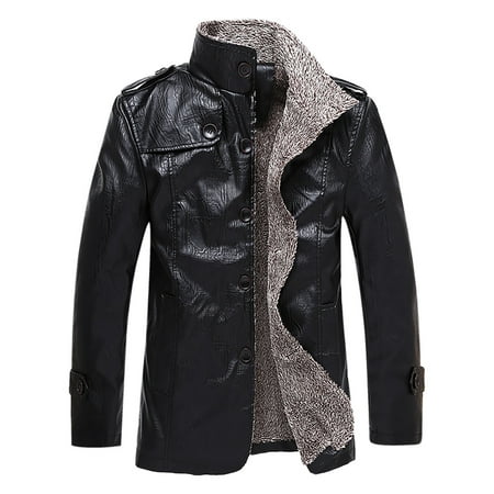 HOOMEUMY Men s Faux Leather Jacket Winter Warm Fleece Lined Stand Collar Motorcycle Jacket with Pockets Black L