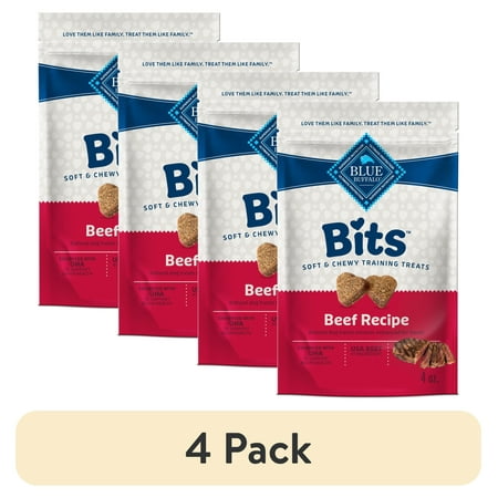 (4 pack) Blue Buffalo Bits Soft Dog Beef Treats for Training Enhanced with DHA 4-oz. Bag