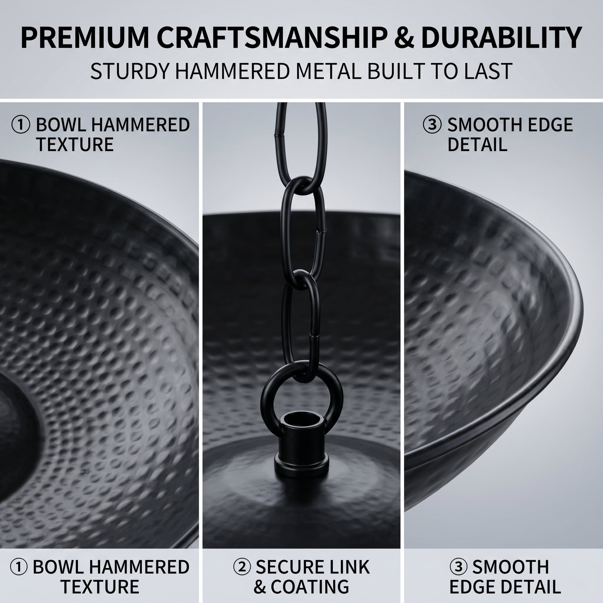Topadorn Matte Black Hammered Metal Rain Chain Basin, 10.7 Inch Decorative Catch Bowl with Hanging Chain, Outdoor Gutter Water Diverter for Garden & Patio