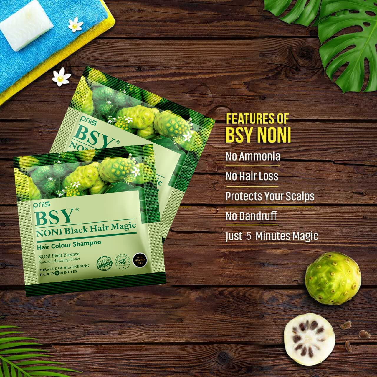 BSY Noni Black Hair Magic Hair Dye Shampoo, 12 ml-Pack of 24 Sachets | 100% Ammonia Free | Fruit based Hair Color Shampoo | Black Hair Dye | 5 minutes hair color | noni hair color | Anti Dandruff