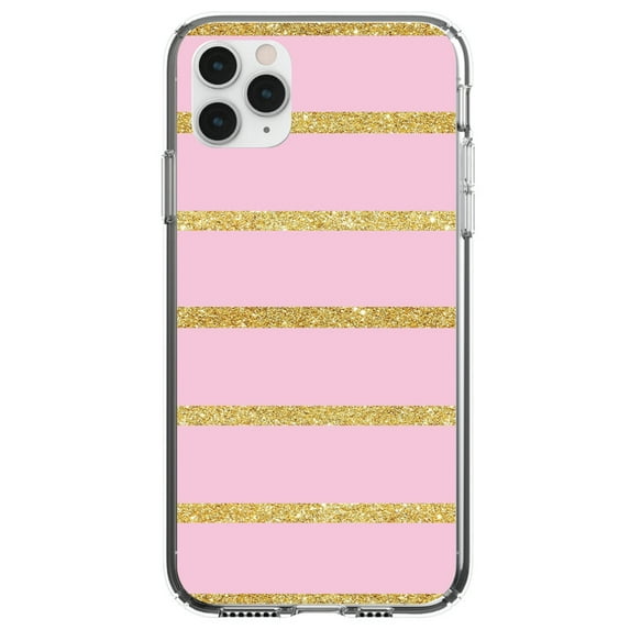 DistinctInk Clear Shockproof Hybrid Case for iPhone 11 (6.1" Screen) - TPU Bumper, Acrylic Back, Tempered Glass Screen Protector - Pink & Gold Print - Horizontal Stripes Pattern