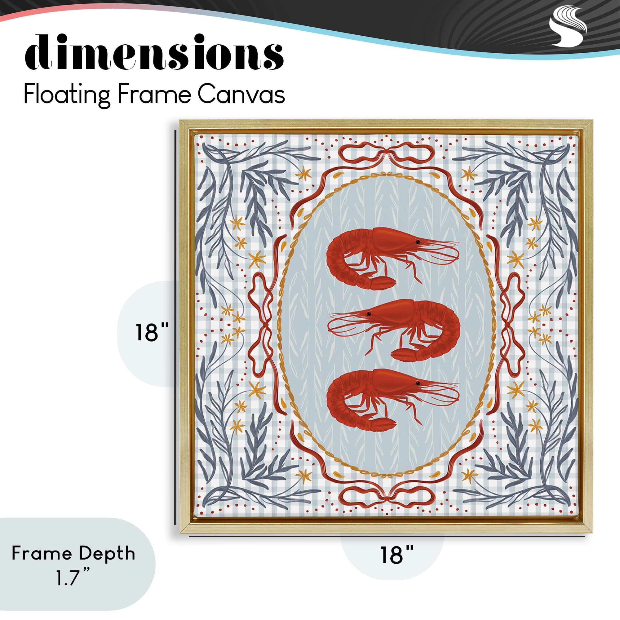 Stupell Industries Prawn Trio on Blue Gingham Gold Framed Floater Canvas Wall Art, design by Vero Illustrates