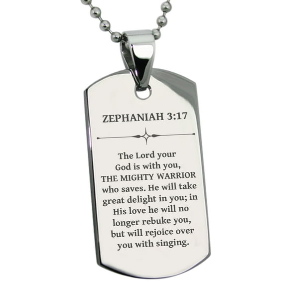 Tioneer Stainless Steel The Mighty Warrior Zephaniah 3:17 Dog Tag Pendant Necklace
