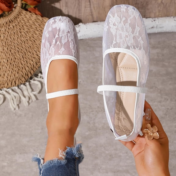Samdudou Ballet Flats for Women Closed Toe Square Front Mary Jane Shoes Romantic Sheer Lace Mesh Floral Pattern Breathable Slip On Footwear with Elastic Strap for Everyday