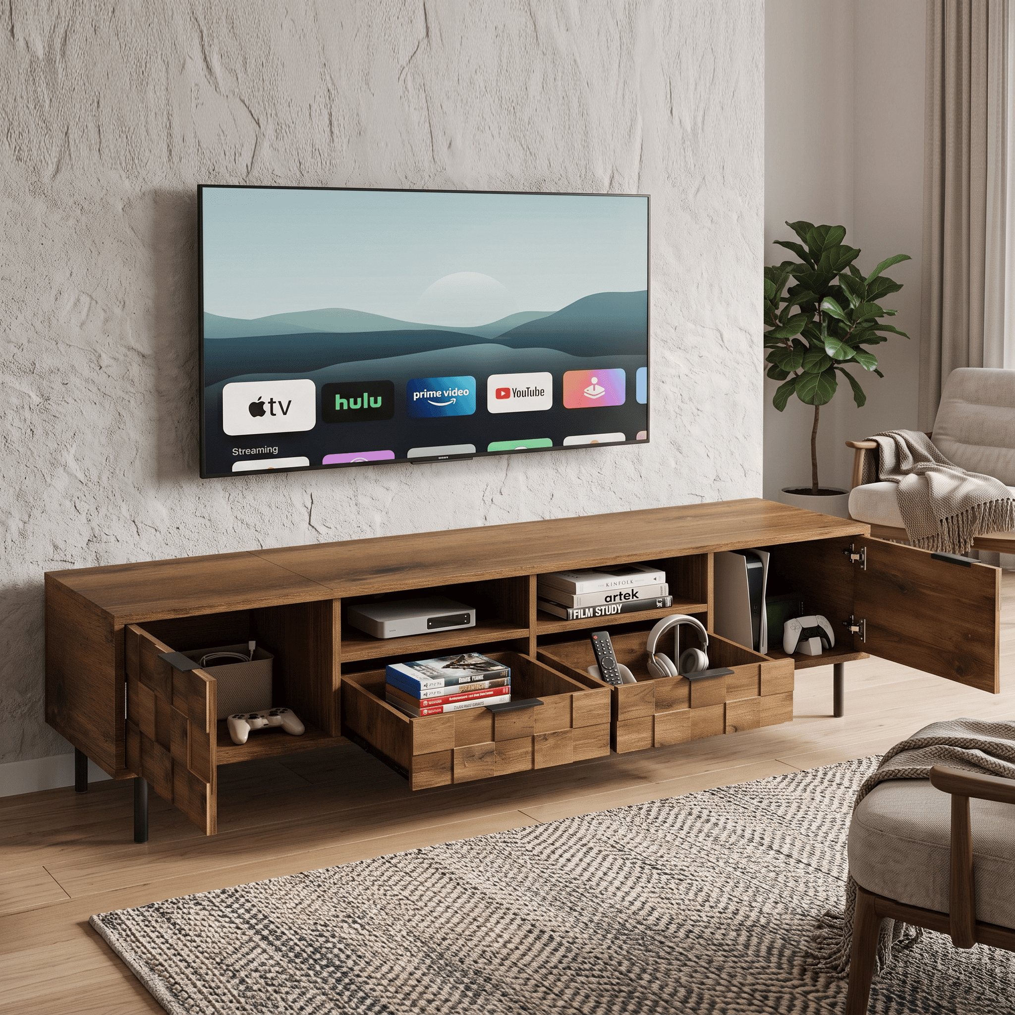 Homy Casa 78.7" Walnut TV Stand for 80" TVs with 3D Geometric Doors, 2 Drawers and Open Shelves