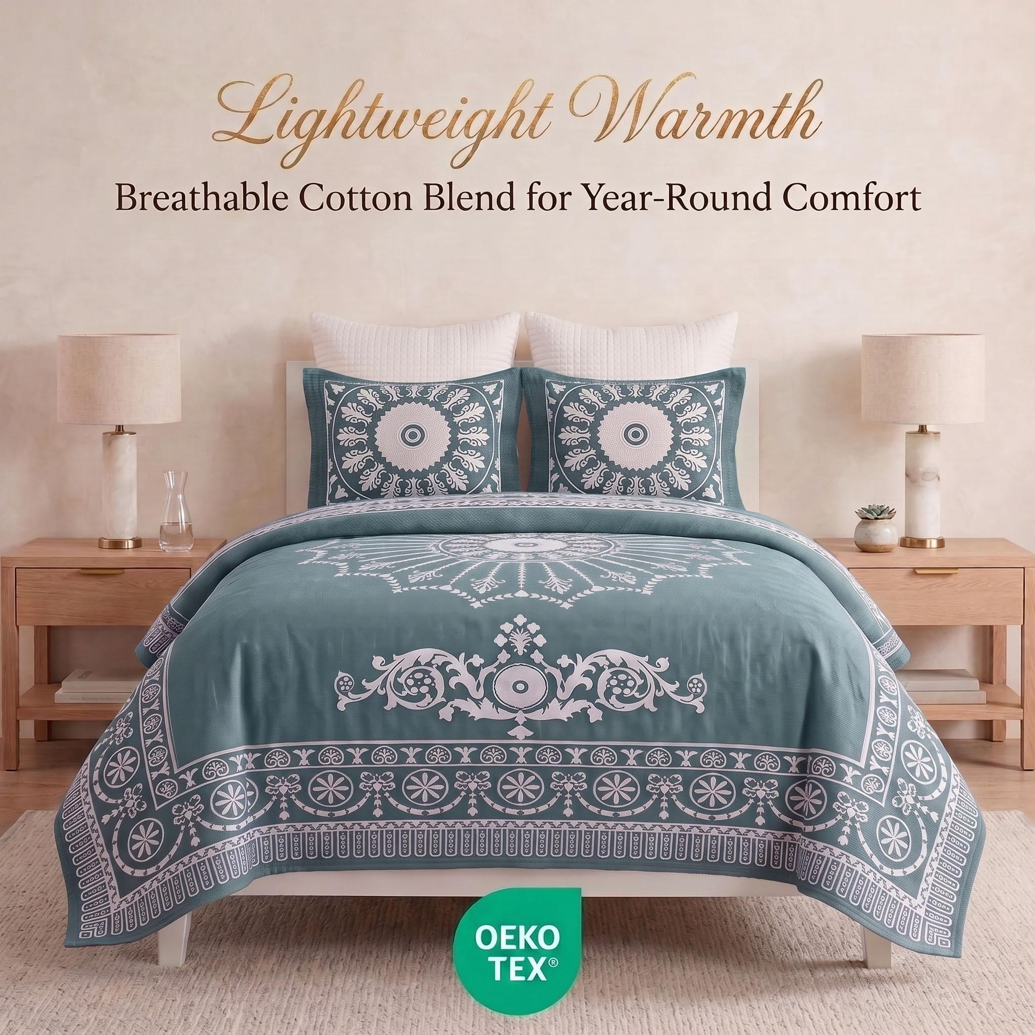 Superior Cotton Blend Woven Jacquard Vintage Medallion Bedspread Set 3-Pieces, King, Cerulean Blue