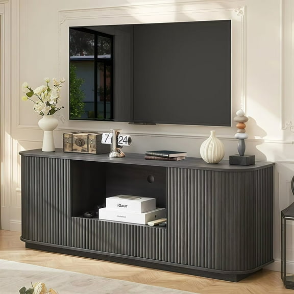 LKTART 64" Fluted TV Stand for TVs Up to 70", Home Entertainment Center with Drawer and Adjustable Shelves, Black