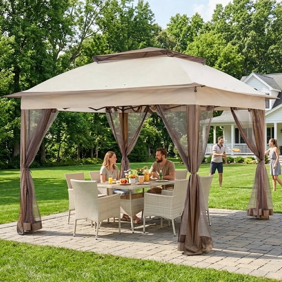 COOS BAY 11x11 Pop-Up Instant Gazebo Tent with Mosquito Netting Outdoor Canopy Shelter with 121 Square Feet of Shade, Beige