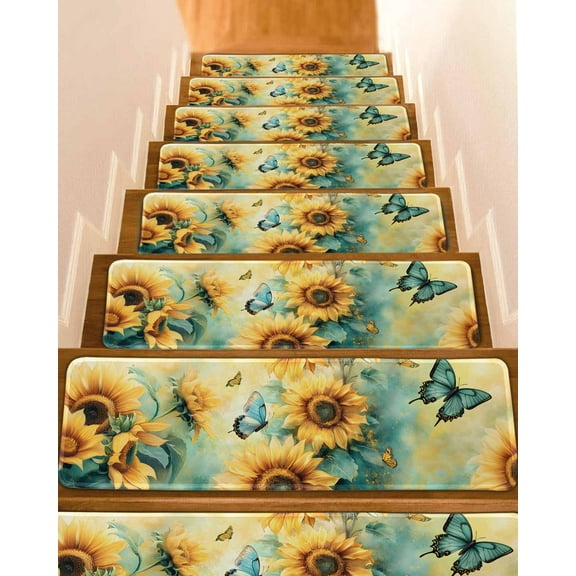 Yellow Sunflower Butterfly Stair Treads for Wooden Steps Indoor Runner Rug Carpet, Teal Leaves Retro Abstract 10 Pieces Peel and Stick Staircase Step Treads Covers Washable Throw Door Mats, 30"x8"