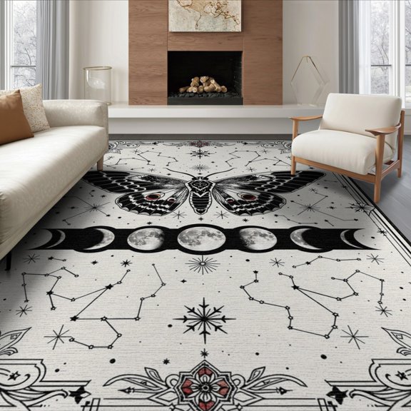ODIKA 8'x10' Washable Area Rug Academia Moth Gothic Galaxy Phase Mystical Symmetry Witchy Death Flowing Dynamic for Living Room, Under Sectional, Family , Durable, Non-Slip