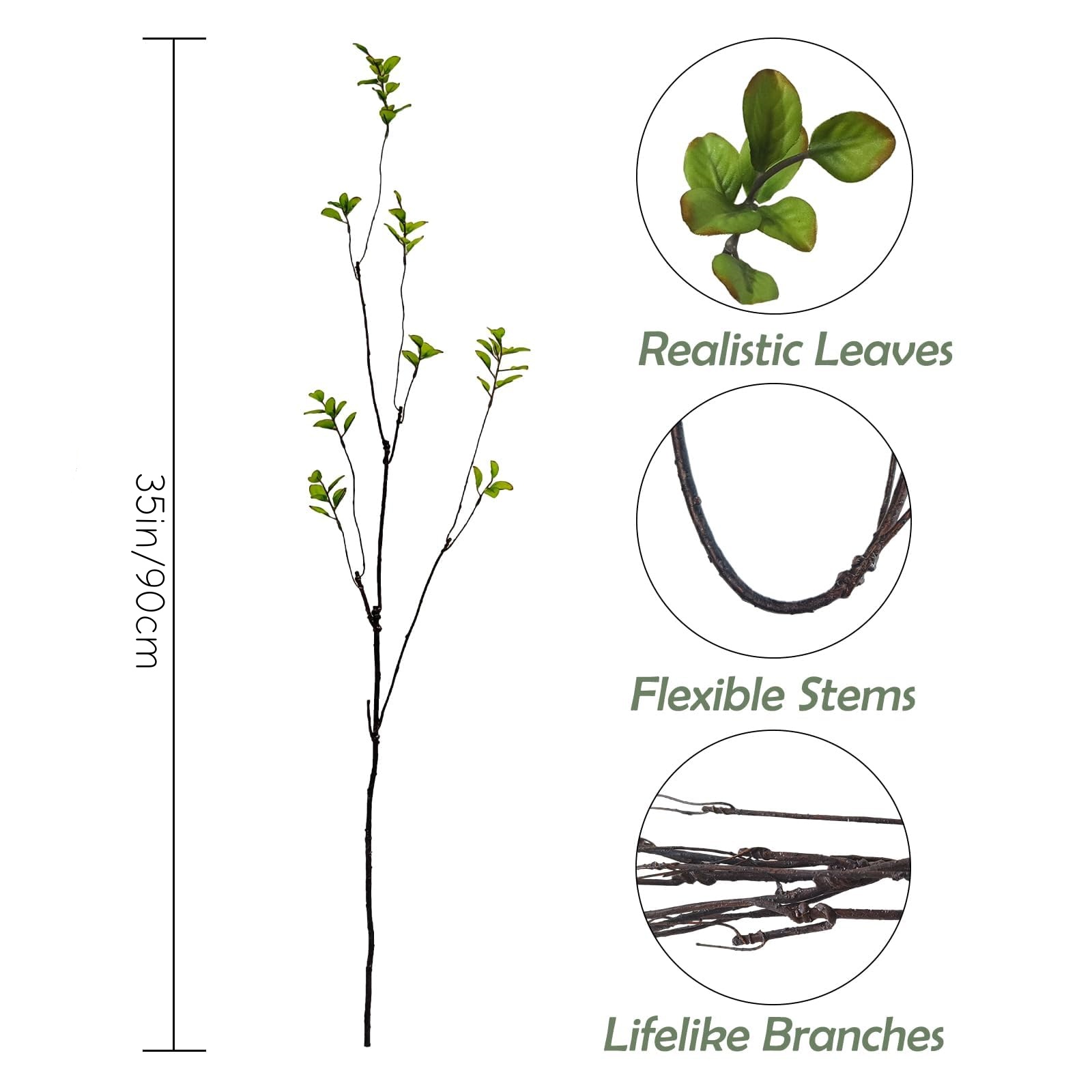 4Pcs Artificial Greenery Stems Plants, 35" Realistic Fake Ficus Twig Branches, Faux Leaf Spary Branches for Vase Filler Home Office Wedding Decoration