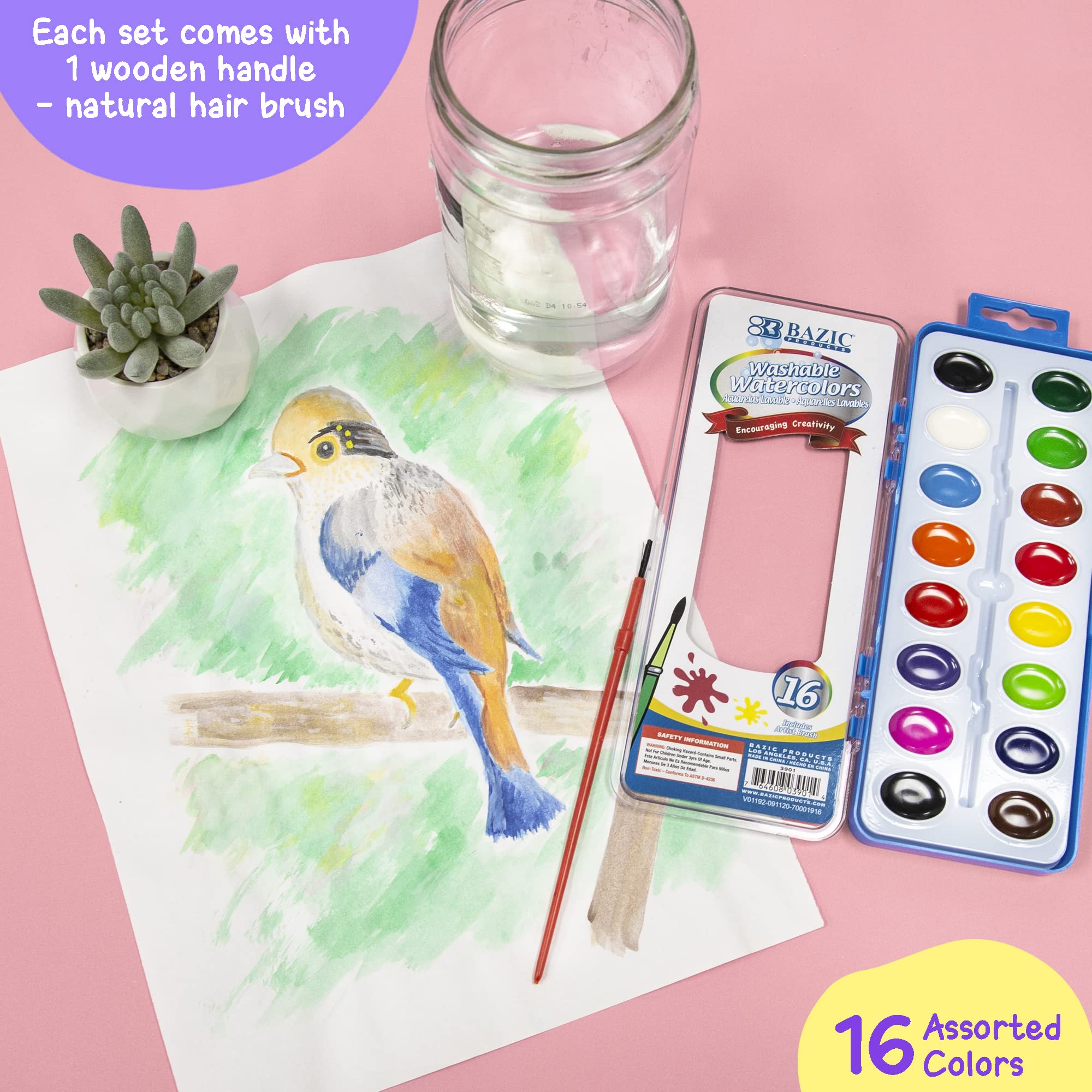 BAZIC Watercolor w/ Brush Semi Moist 16 Color, Non-Toxic Paint Set, 1-Pack