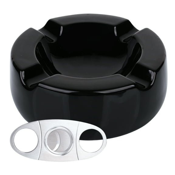 Cigar Ashtray Outdoors Ash Tray – Round 8.5 inch Ceramic Ashtrays Bundled with Cigar Cutter Stainless Steel – Black Glossy Cigar Rest for Indoor, Outdoor, Patio, Home, Office Use – Cigar Gifts