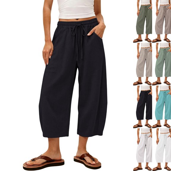 Women's Capri Pants Linen Summer Beach Casual Drawstring Wide Leg Lounge Palazzo Pant High Waist Trouser with Pockets Black S