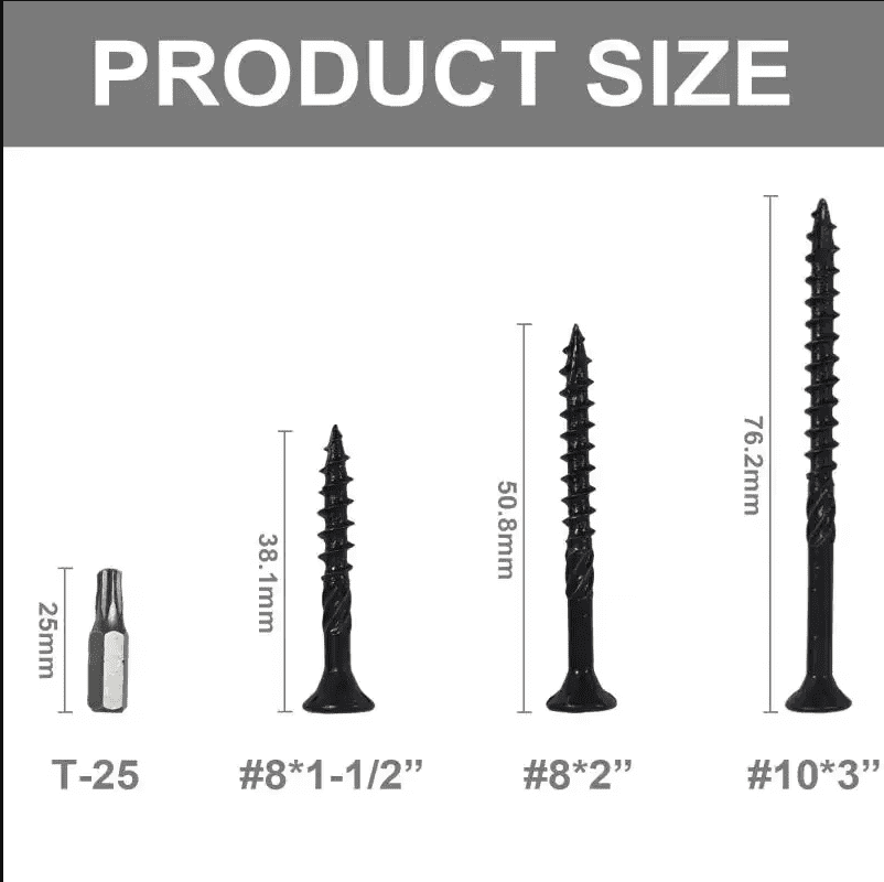 VKKM 192pcs Black Wood Screws Assortment Kit, T25 Star Drive Self-Tapping Screws for Wood & Fence, Heavy Duty Exterior Deck Screws with 2pcs T25 Bits, #8 x 1-1/2", 2", #10 x 3" Variety Pack