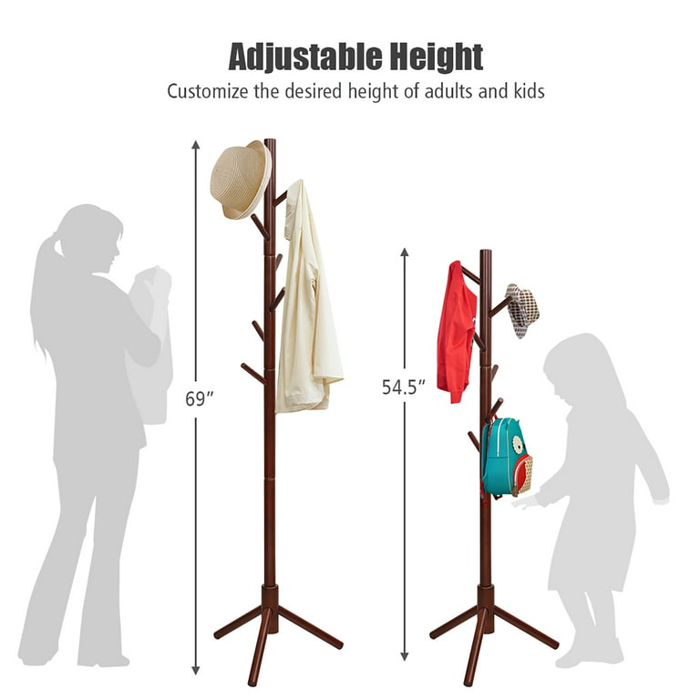 Giantex Wooden Coat Rack Standing, Coat Tree w/2 Adjustable Height, Hanger Stand w/8 Hooks for Clothes, Hats, Bags, Umbrellas, in Home, Office, Grey