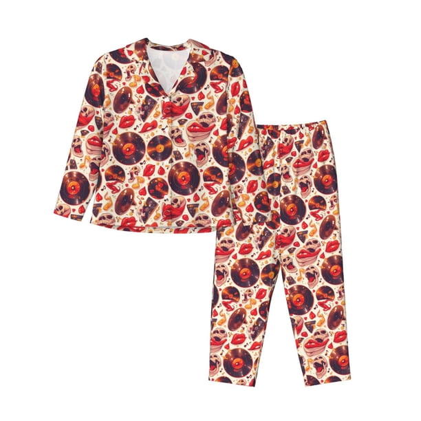 Balery Skull rock record music heart Conjunto de Pijama con Estampado para Mujer, Conjunto de Dos Piezas con Manga Larga, Ropa de Dormir Suave con Bolsillos, Pijamas Cómodos-Small