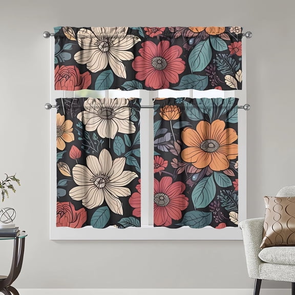Boho Kitchen Curtains 3 Piece Set Tier Valance Window Decor | 3 Piece Kitchen Curtain Set Includes 52x18in Valance and Two 27.5x39in Tier Curtains for Kitchen, Bedroom and Living Room