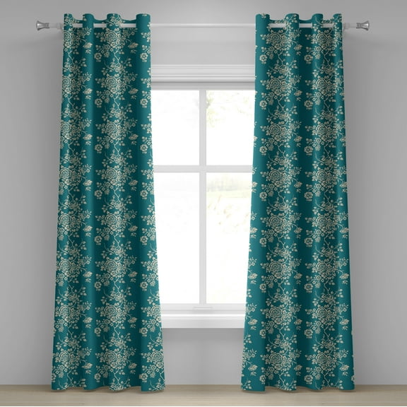 Ambesonne Leaf Grommet Curtain, Roses on Blossoming Branches, 50" x 96", Teal Beige