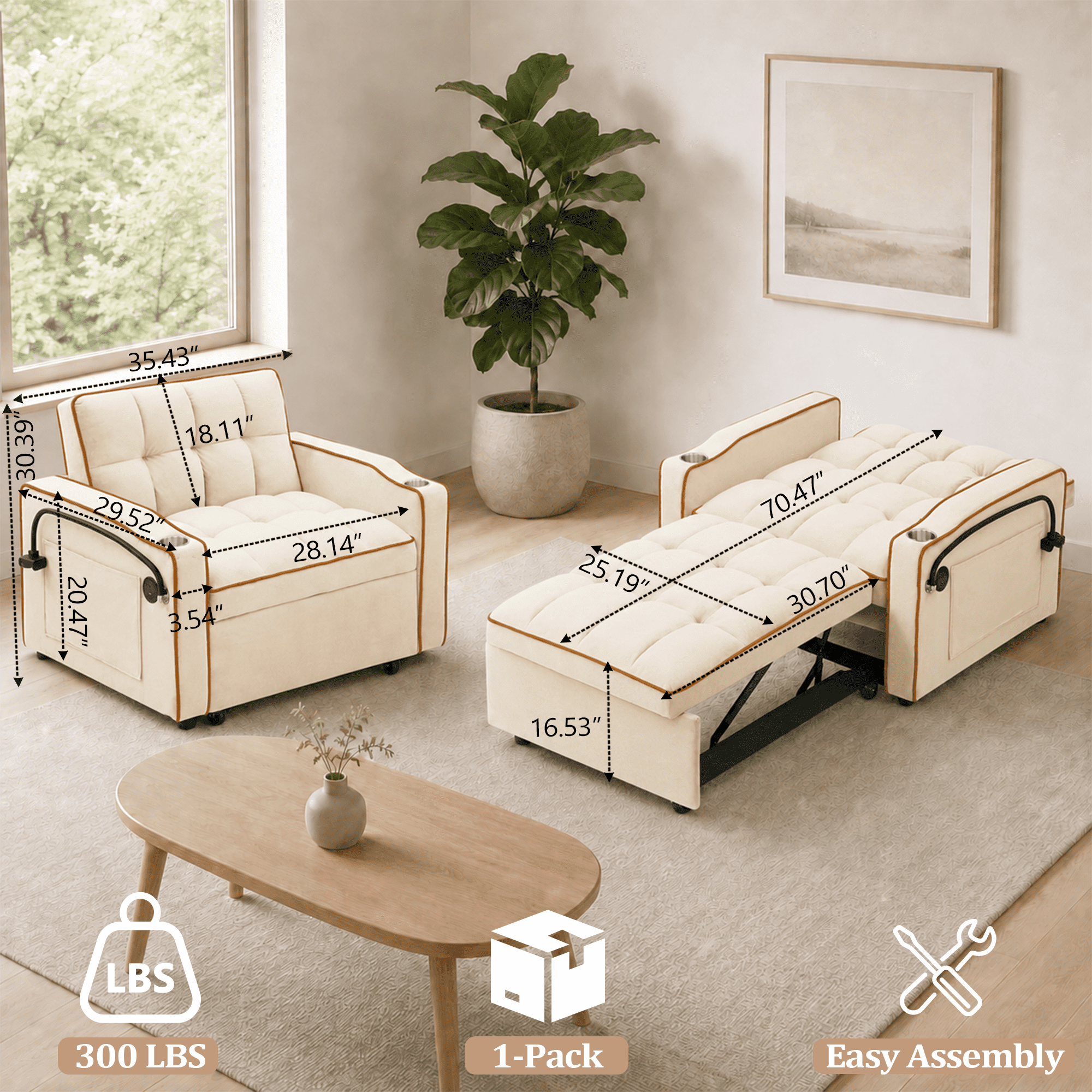FFH Recliner Chair, Convertible Sofa Bed with Adjustable Backrest, Charging Ports, Cup Holders and Swivel Phone Stand, Beige