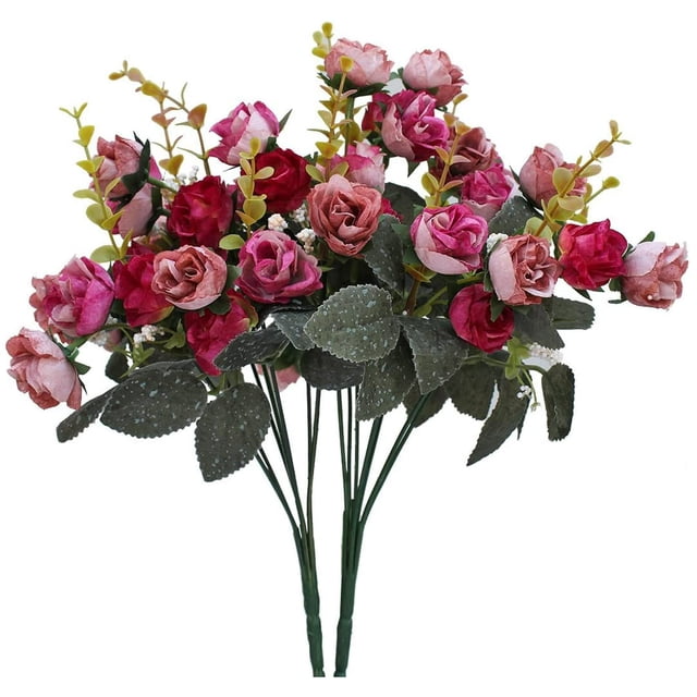 Xiao Hua Ramo de flores artificiales de seda de 7 tenedores y 21 cabezas con hojas y rosas para decoración floral de boda, 2 manojos, color rosa intenso