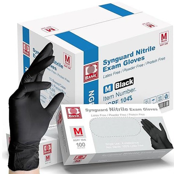 Basic Medical Black Nitrile Exam Gloves - Latex-Free & Powder-Free, 5 mil Gloves, NGPF-1045(pack of 1000), Medium