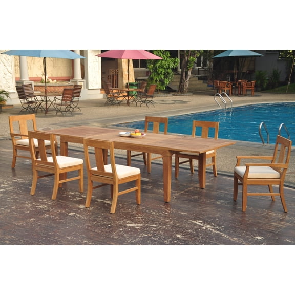 Grade-A Teak Dining Set: 6 Seater 7 Pc: 122" Caranas Double Extension Rectangle Table And 6 Osborne Chairs (2 Arm & 4 Armless Chairs) WholesaleTeak #WMDSWVm