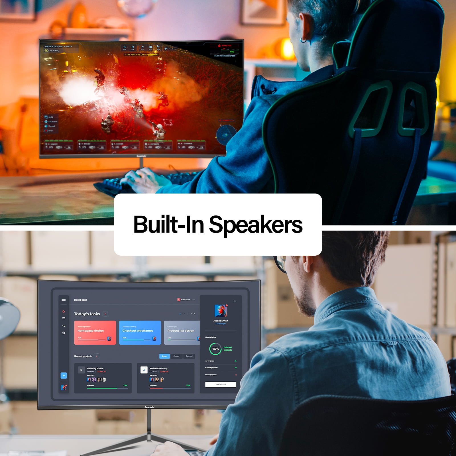 Gawfolk 24-Inch Curved Gaming Monitor 120Hz Full HD 1080P Built-In Speakers Tilt Adjustable