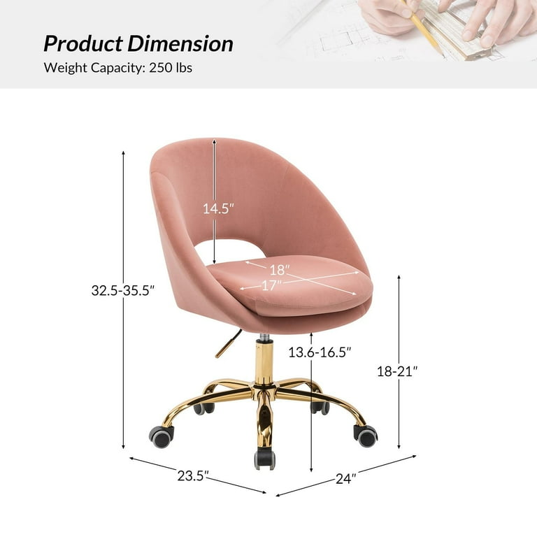 Velvet Swivel Rolling Home Office Chair Height Adjustable Computer Task Chair Metal Base Bedroom Pink