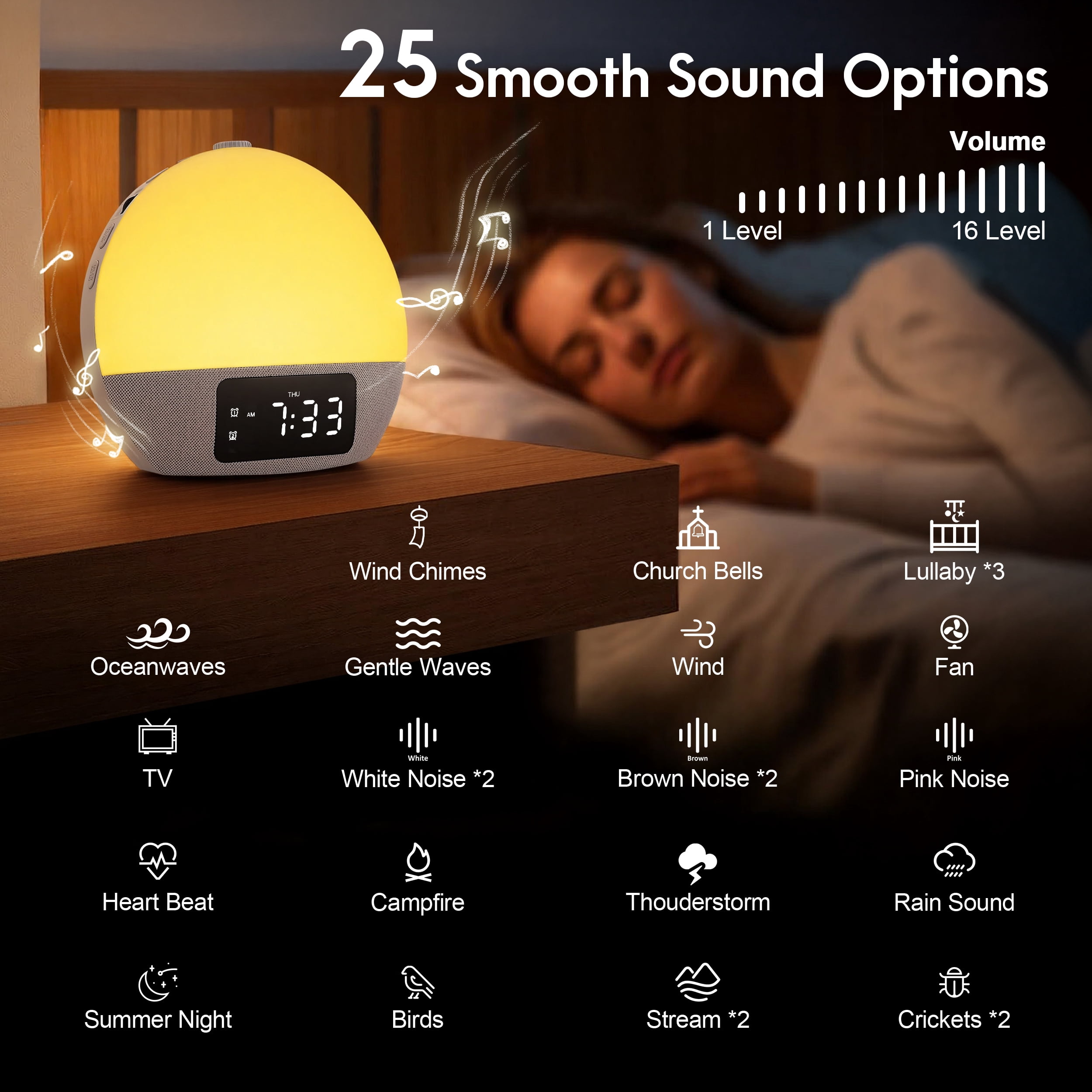 Doulami Sunrise Alarm Clock Wake Up Light White Noise Machine Natural Wake-Up Light with 25 Sleep Sounds & 17 Lights