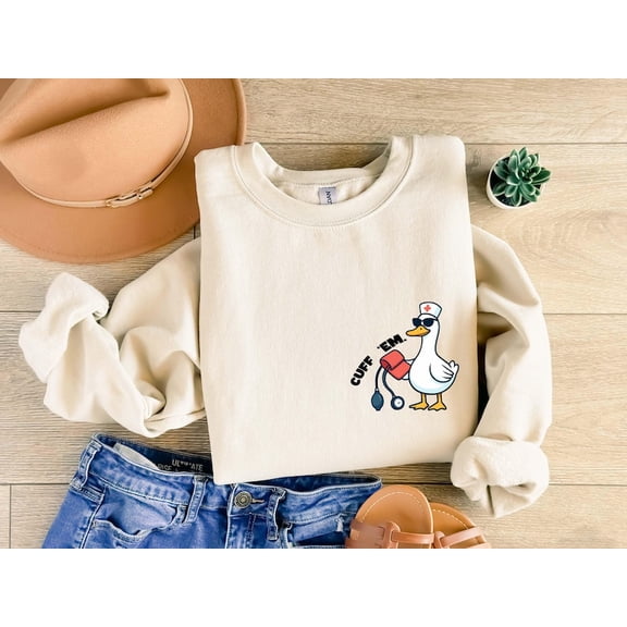Goose Nurse Sweatshirt – Cuff ’Em Nurse Practitioner Crewneck, Cute ER Nurse Sweater, RN Nursing Student Top, Funny Nurse Graduation Gift Pullover