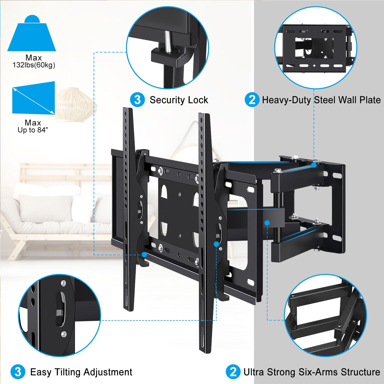 Musment TV-ZJ-AB-CX Stain Resistant Full Motion Wall Mount & Monitor with 8K HDMI Cable