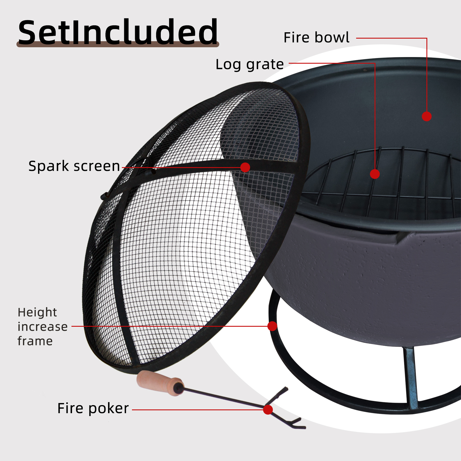 Afterglow Round Terrafab Outdoor Wood Burning Fire Pit with Safe Spark Screen and Height Increase Frame Stand, Dark Gray