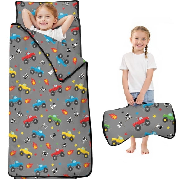 Monster Cartoon Truck Gray Pattern Teens Toddler Nap Mat with Pillow, Sleeping Mat Bag for Preschool Daycare 59"x22"